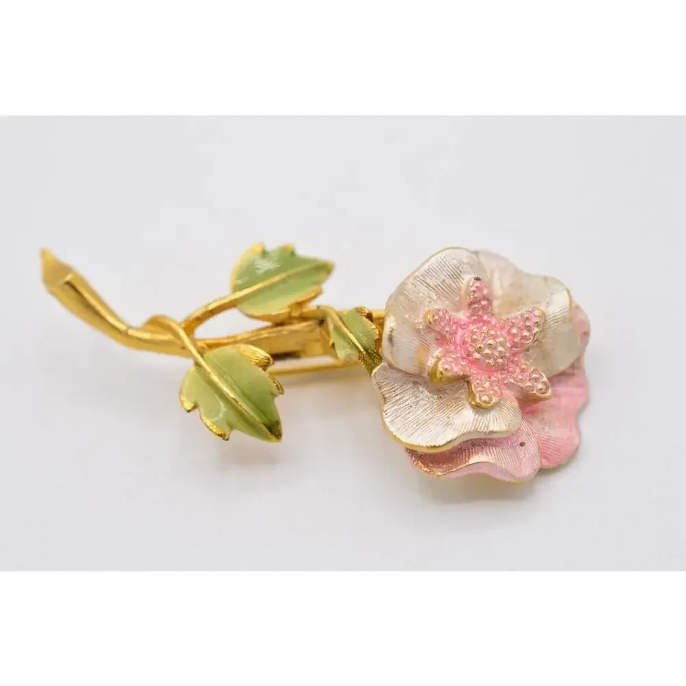 Vintage Flower Pin Brooch Brushed Gold Pastel Blush Pink Enamel Rose 1980s 9B